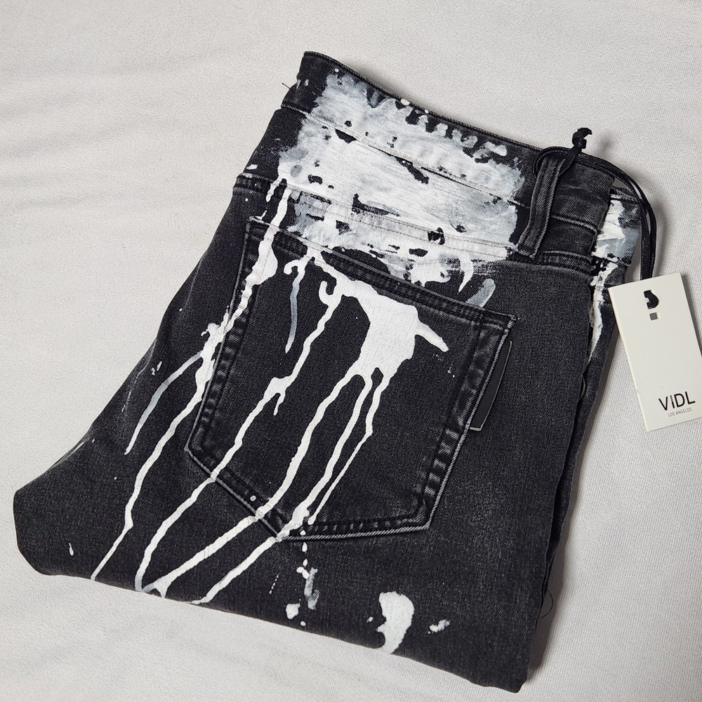 men's VIDL Black Jeans Lanky Chopper white Paint splatter Moto‎ Zippers size 34